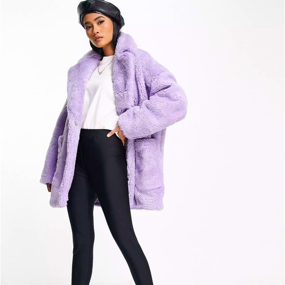 NWT - Topshop teddy midi coat with patch pockets in purple. Size 4 only. - Picture 3 of 8